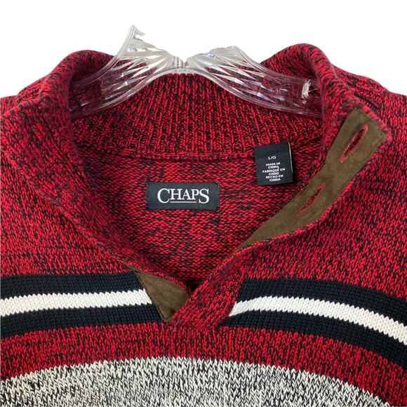 Men's Sz L CHAPS Henley Sweater 3-Button Stripes 100% Cotton Heathered Pullover - Picture 9 of 11